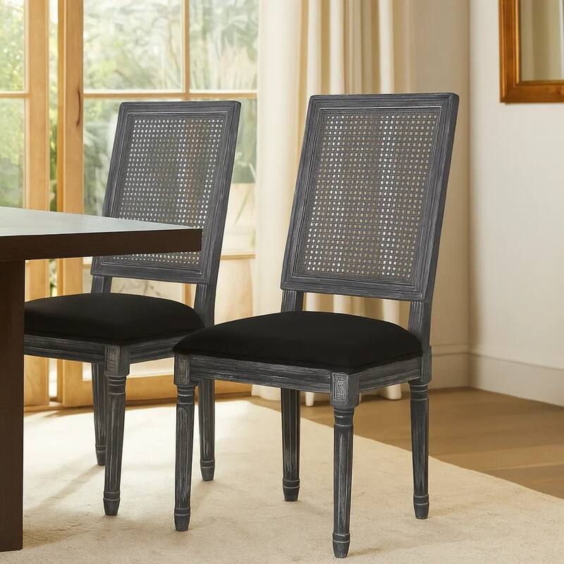 Marsie Dining Chair Set of 2, Black Fabric, Wood Frame Cane Backrest