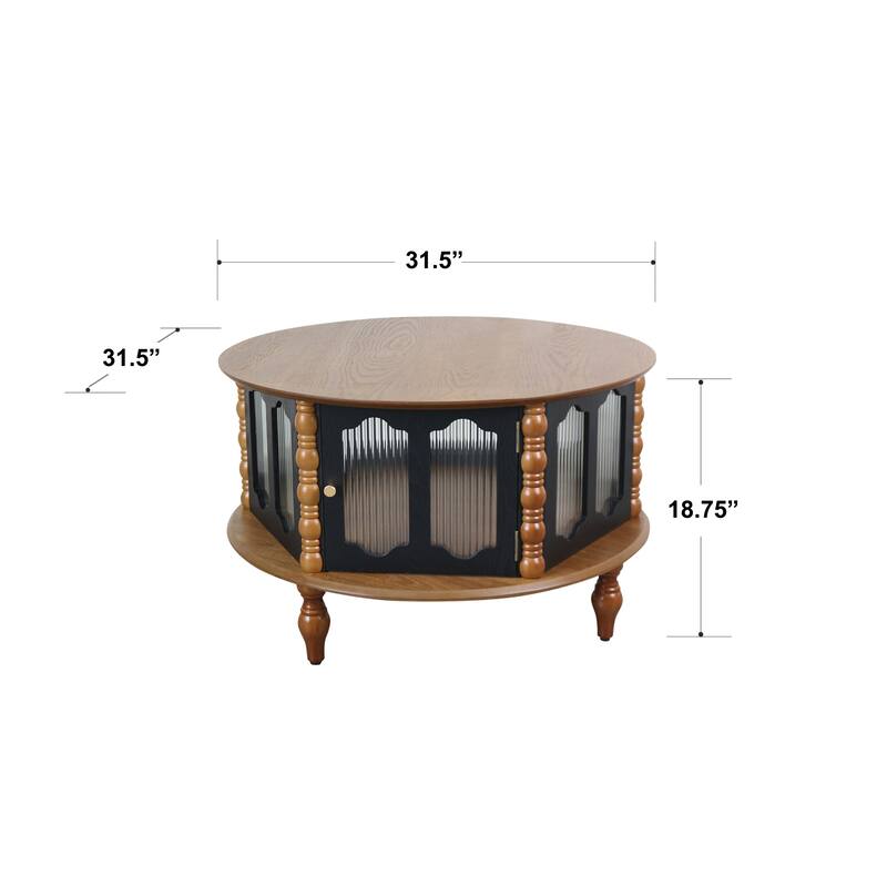 31.5" Black + Walnut Round Three-Door Storage Coffee Table, Real Wood Veneer for Small Spaces