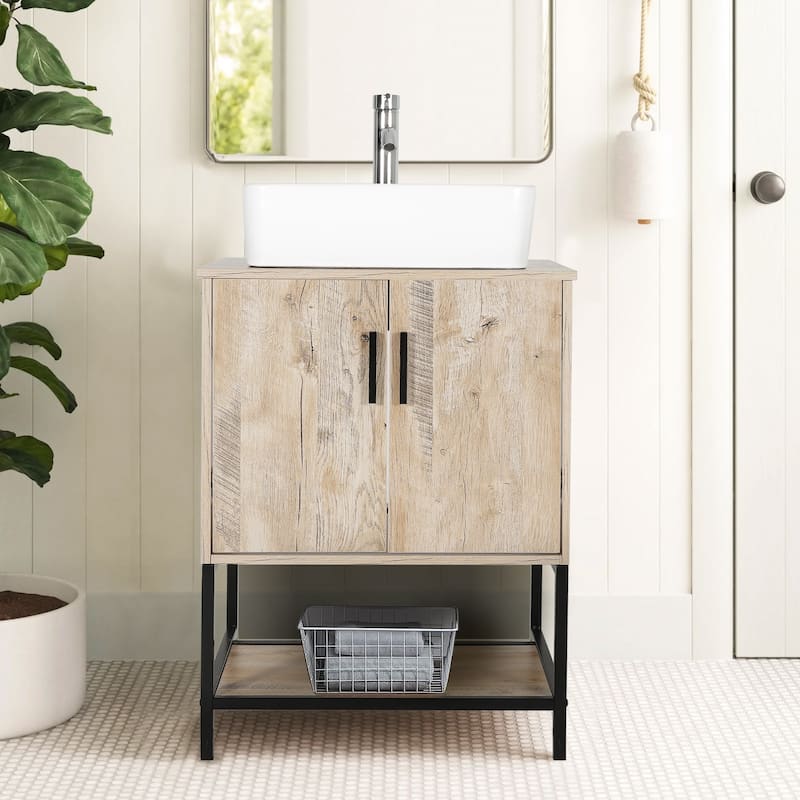 24" Bathroom Vanity Sink Combo Oak Cabinet Vanity Tempered Glass/Ceramic Sink - white ceramic rectangular sink