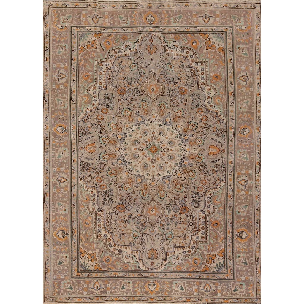 Hand Knotted Oriental 100% Wool Carpet Traditional Floral Brown Tabriz Area Rug - 11' 0'' X 8' 0''