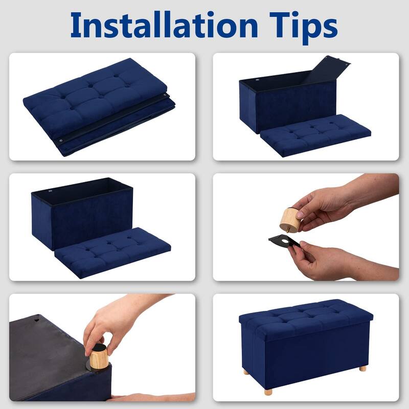 30 Inches Storage Ottoman Bench, Velvet Storage Bench, Folding Storage Chest, Footrest Couch with Wooden Legs, Support 350lbs