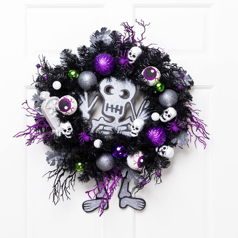 Purple and Black Spooky Skeleton Pine Halloween Wreath, 24-Inch, Unlit