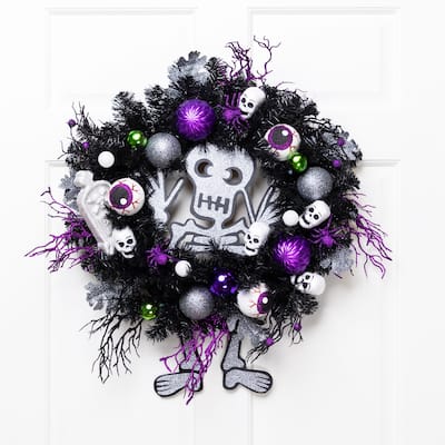 Purple and Black Spooky Skeleton Pine Halloween Wreath, 24-Inch, Unlit