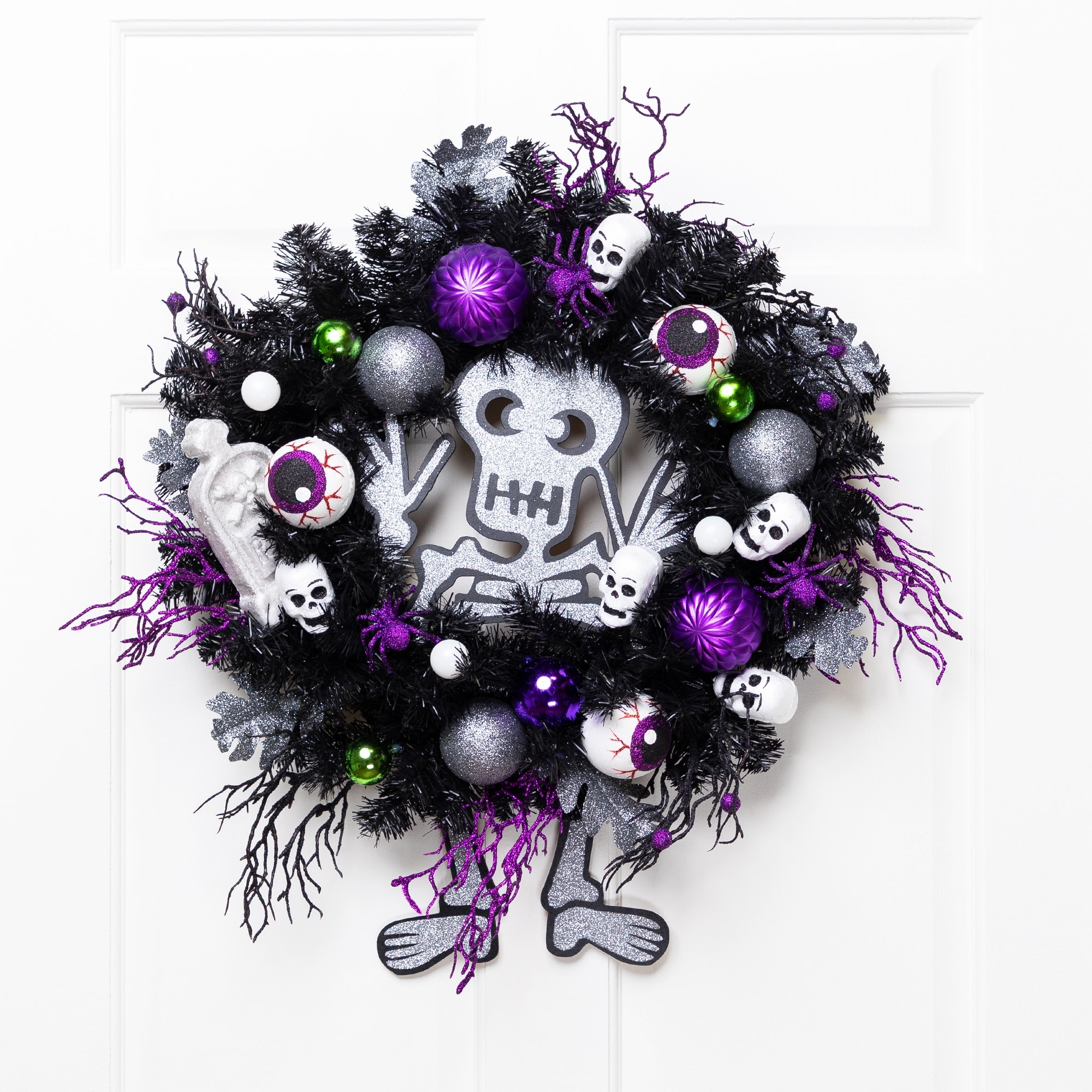 Purple and Black Spooky Skeleton Pine Halloween Wreath, 24-Inch, Unlit