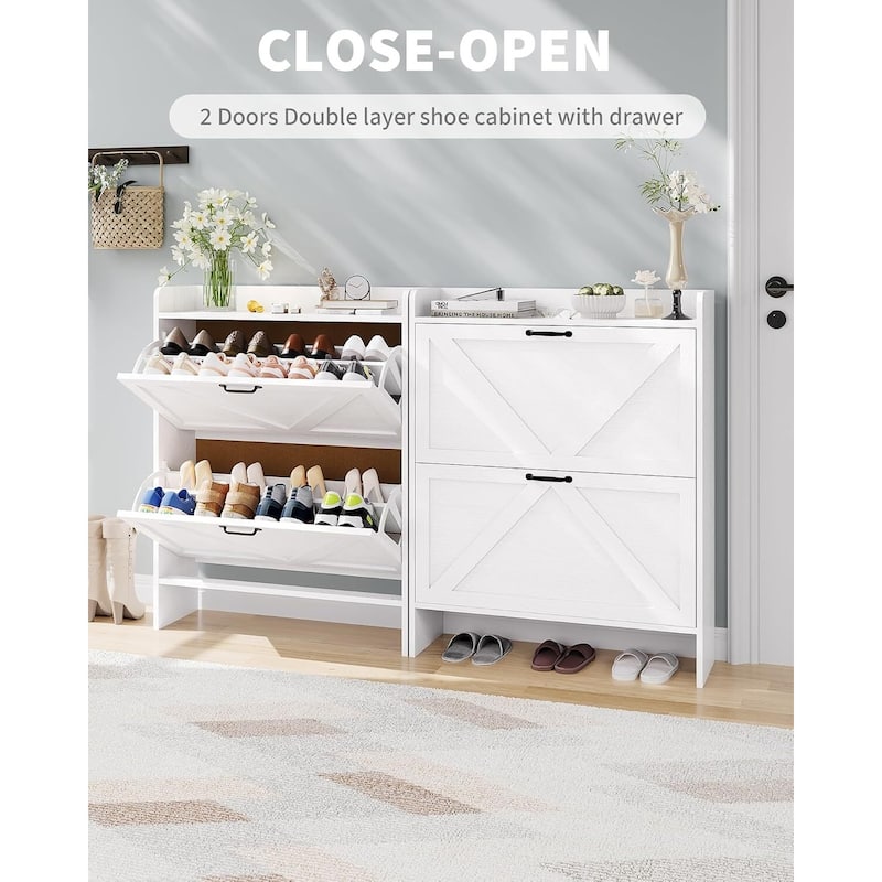 Freestanding Slim Shoe Storage Cabinet with 2 Flip Drawers for Entryway Hallway