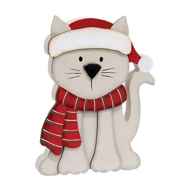 Kitten in Santa Hat and Scarf Chunky Wooden Christmas Sitter - 4" x 0.75" x 6" - White-Red