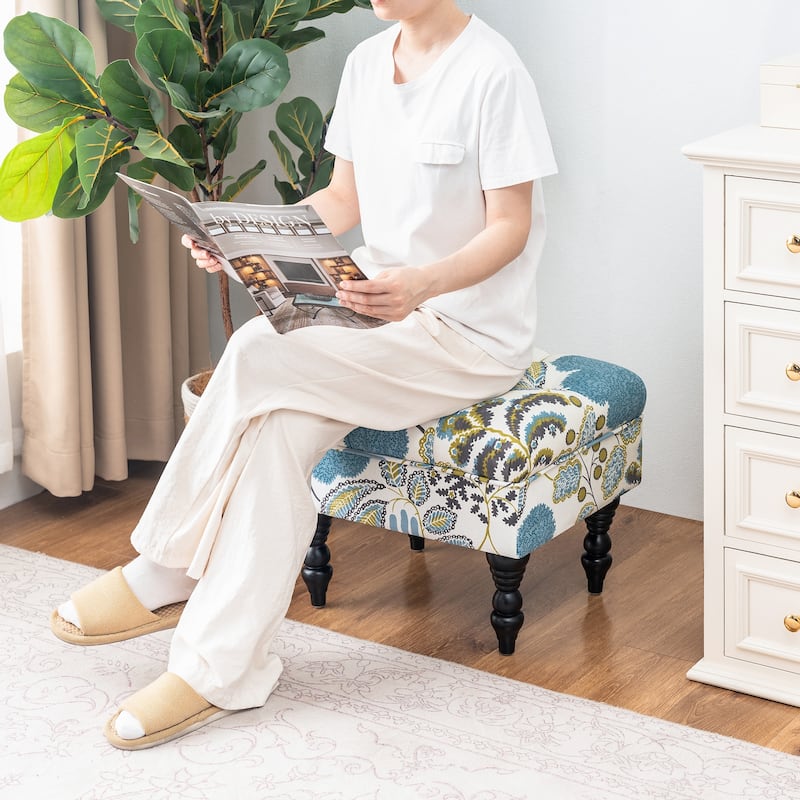 Adeco Ottoman Stool Tufted Foot Rest Fabric Floral Vanity Stool