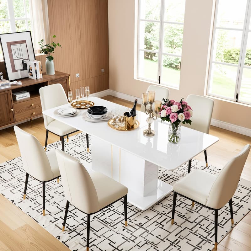 Homy Casa High Glossy White/Gold Extendable Dining Table Rectangular - White