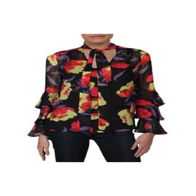 Guess Women's Marciano Dynasty Top Floral Print Neck Tie Black One Size