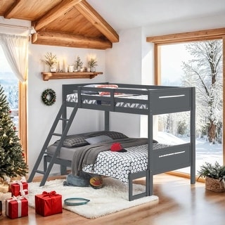 Twin over Full Bunk Bed with Angled Ladder & Convertible Design, Grey