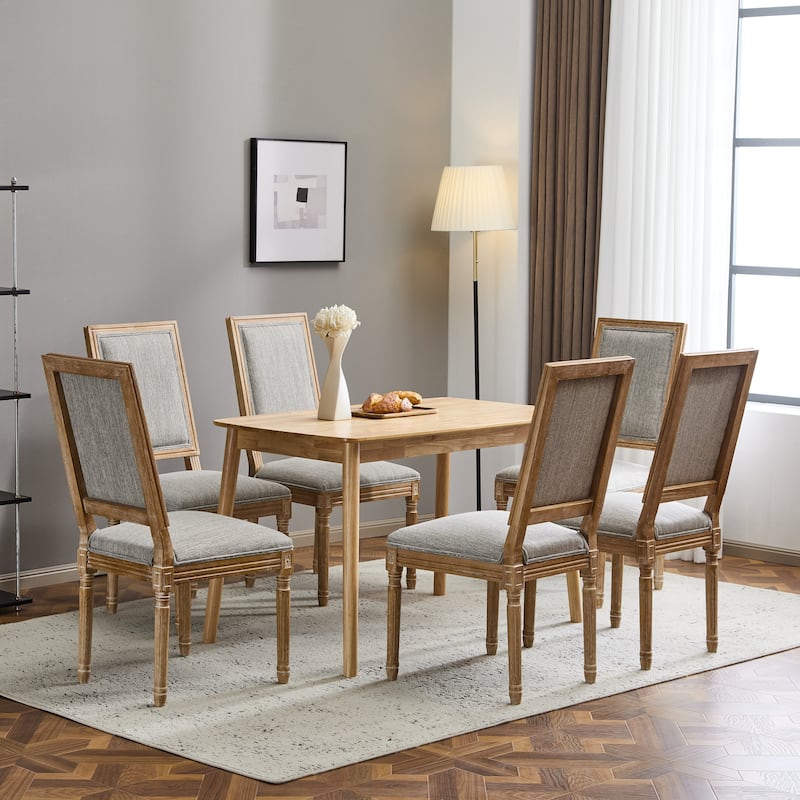 [Set of 6] French Country Dining Chairs Elegant Cane Backrest & Upholstered Seats with Fluted Legs Rustic Weathered Finish Solid