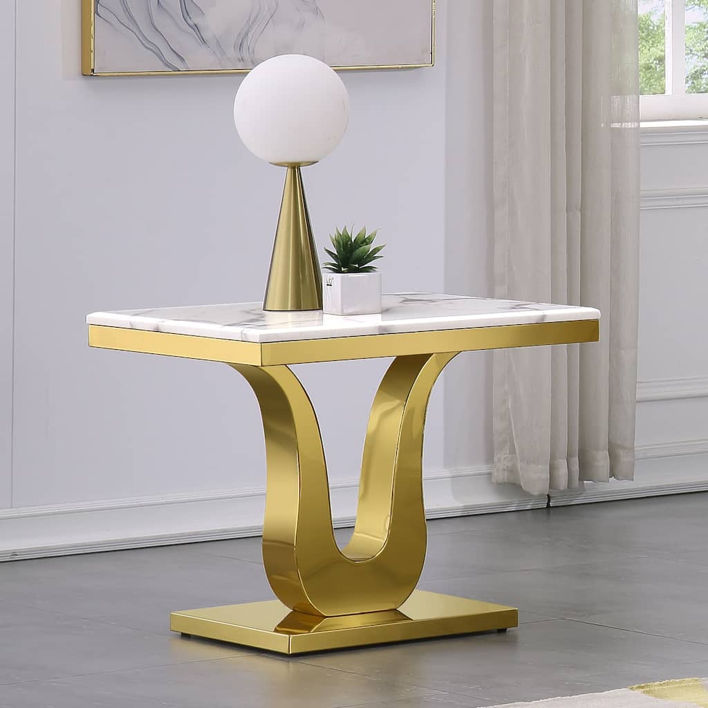 Modern End Table Square Living Room Side Table with White Top and Gold Mirrored Metal U Base