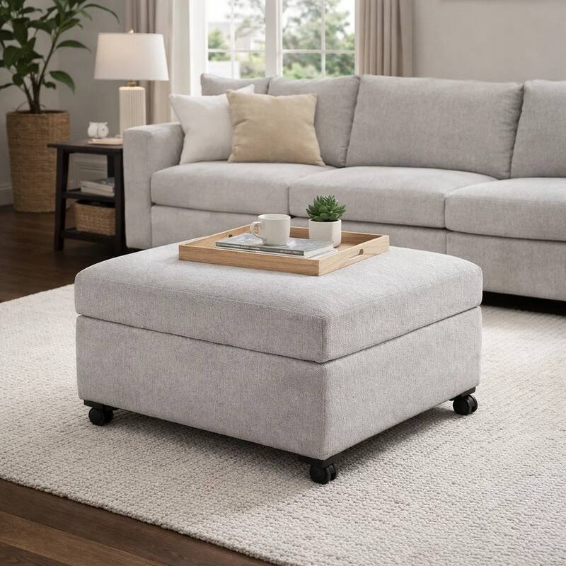 Gaby Low Profile Ottoman with Storage, Locking Wheels, Gray 37 Inch