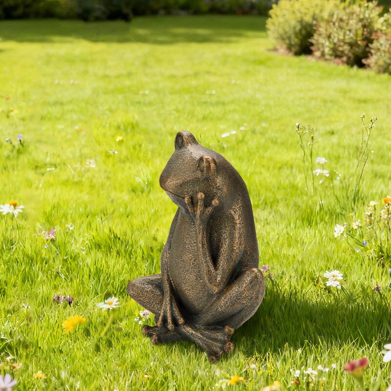 Glitzhome 12''H Resin Bronze Squatting Sitting Frog Statue