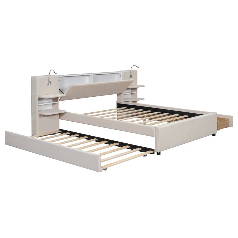 Queen Size Upholstered Platform Bed with Storage Headboard, Reading Lights, Trundle, and Side Racks