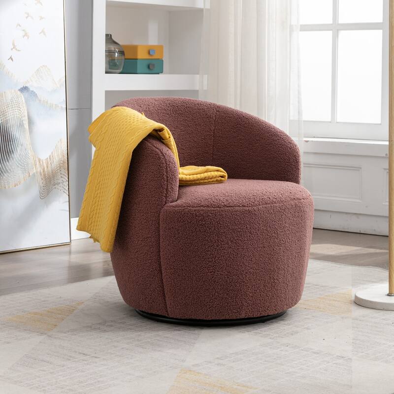Swivel Accent Armchair Teddy Fabric Upholstered Barrel Chair with Black Point Round Swivel Metal Base - Red