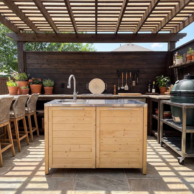 Modular Outdoor Kitchen Island Set, 100% Solid Wood BBQ Cabinet , Patio Kitchen Bar Table