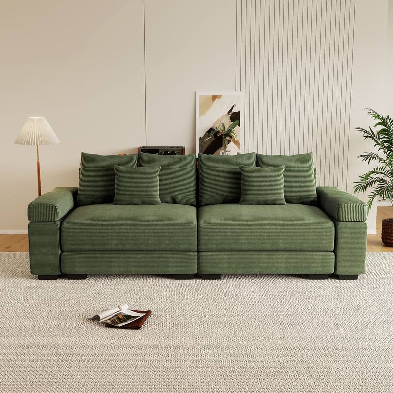 Rossetta Modern 92" Oversized Deep Seating Design Corduroy Fabric Extra-Wide Armrests Modular Sectional Couch, with Pillows - Green