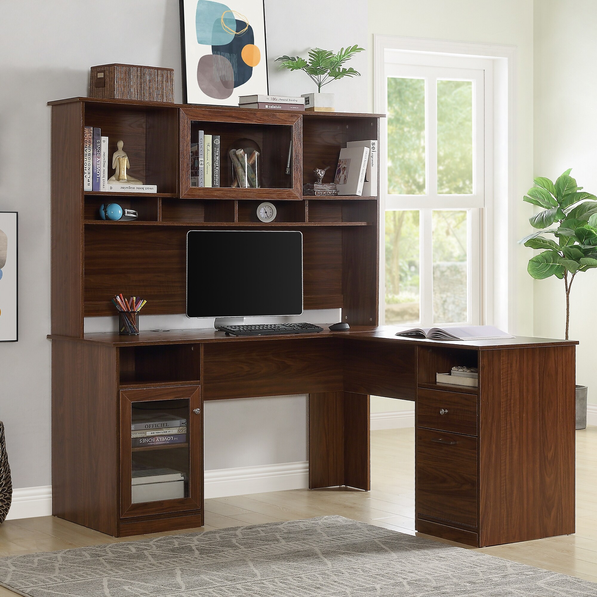 Brown Home Office L Shaped Desk With Hutch And Glass Doors Overstock 32742064