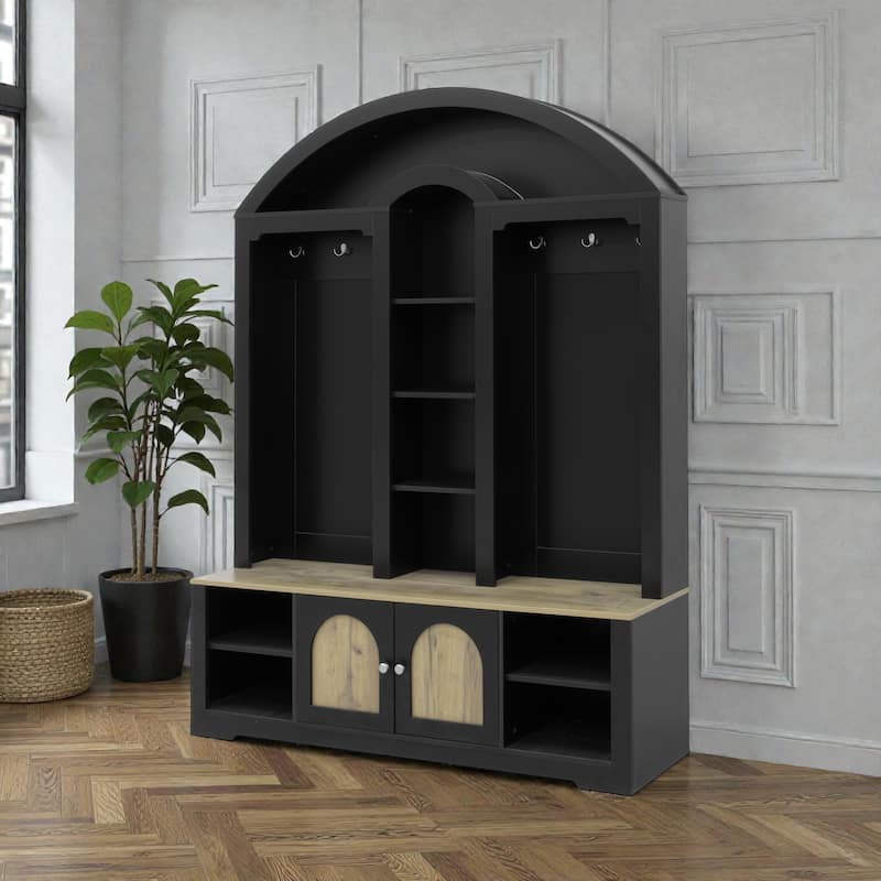 Modern Hall Tree Entryway Wardrobe with Shoe Storage. Coat Hooks. Shelves. Cabinets. USB LED Light