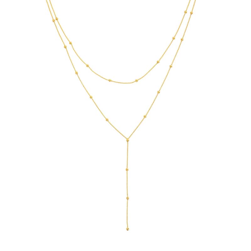 Curata 14k Yellow Gold Double Strand Bead Station Adjustable ChokerNecklace (Lobster), 17"