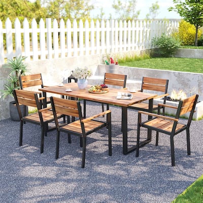 Costway 7 PCS Acacia Wood Patio Dining Set 6 Armchairs and 69" Table - See Details