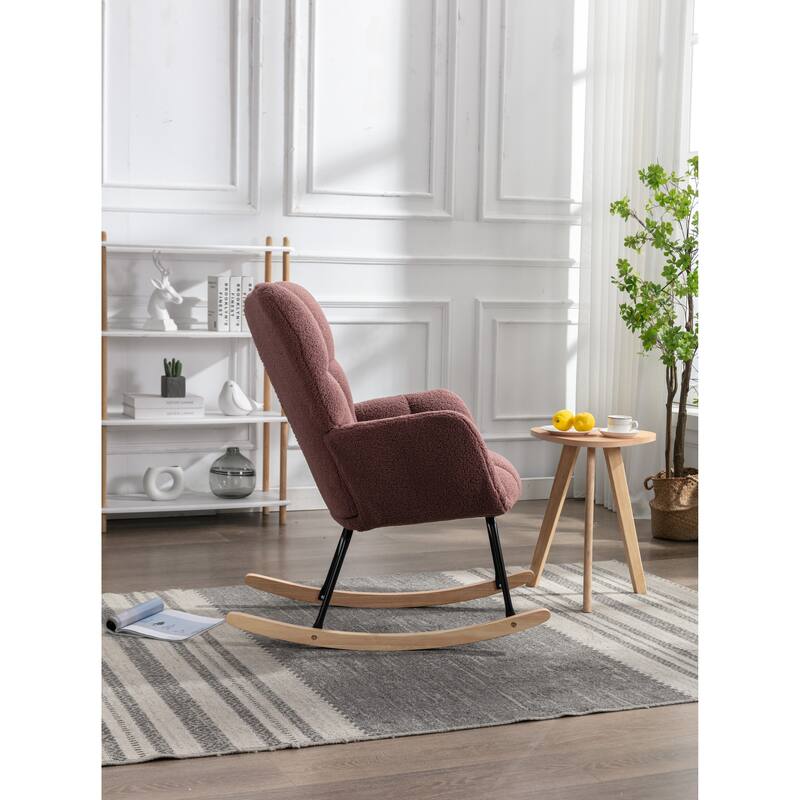Teddy Fabric Upholstered Glider Rocker, Reading Chair with Thick Padded Seat, High Backrest Armchair with Wooden Legs