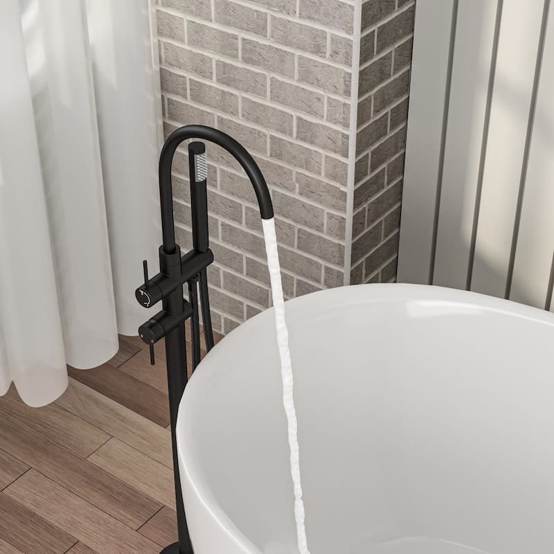 Freestanding Bathtub Faucet Floor Mount Tub Filler Matte Black, Swivel Gooseneck Spout with Cylinder Handheld