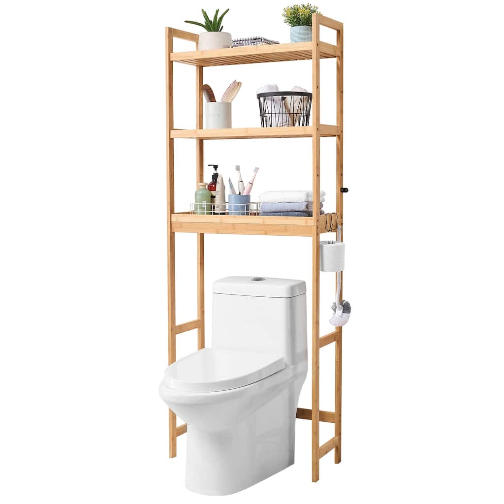 Sofucor Over The Toilet Storage,3-Tier Adjustable Bathroom Organizer,Bamboo Storage Shelf Rack with 3 Hooks,Bathroom Saver - N/A