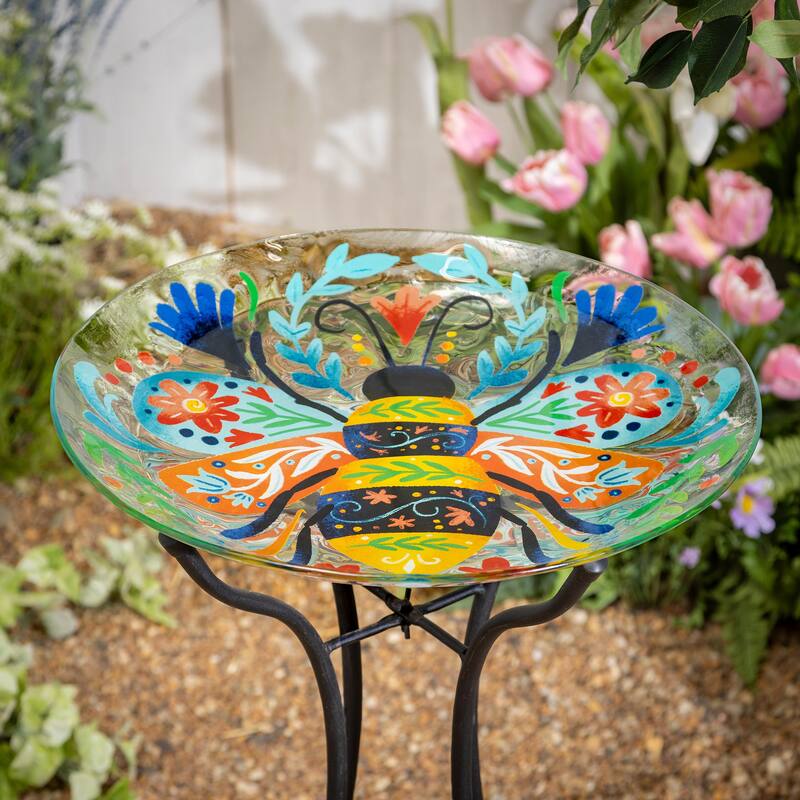 18"Glass Folk Art Bird Bath, Bumblebee