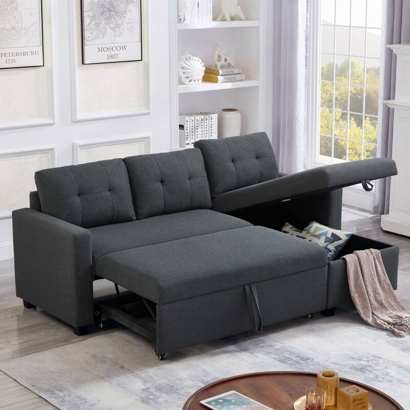 Upholstered Pull Out Sectional Sofa with Storage Chaise, Convertible Corner Couch