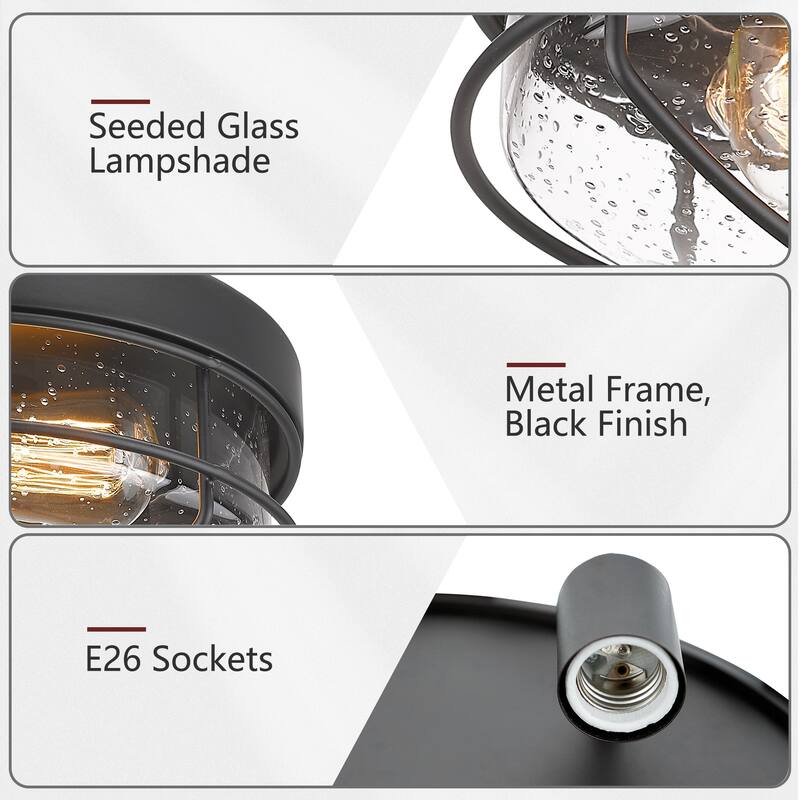 Flush Mount Ceiling Light Industrial Farmhouse Fixture with Seeded Glass Shade