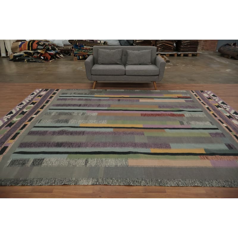 Hand Woven Oriental 100% Wool Carpet Southwestern Modern Multi-Colored Kilim Area Rug - 12' 4'' X 9' 1''