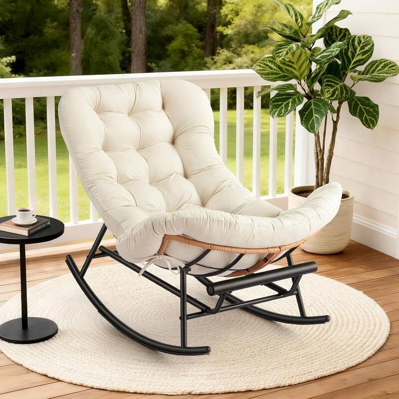 Cozy Papasan Rocking Sofa Chair with Extendable Footrest for Porch, Lawn, Bedroom and Living Room - Beige