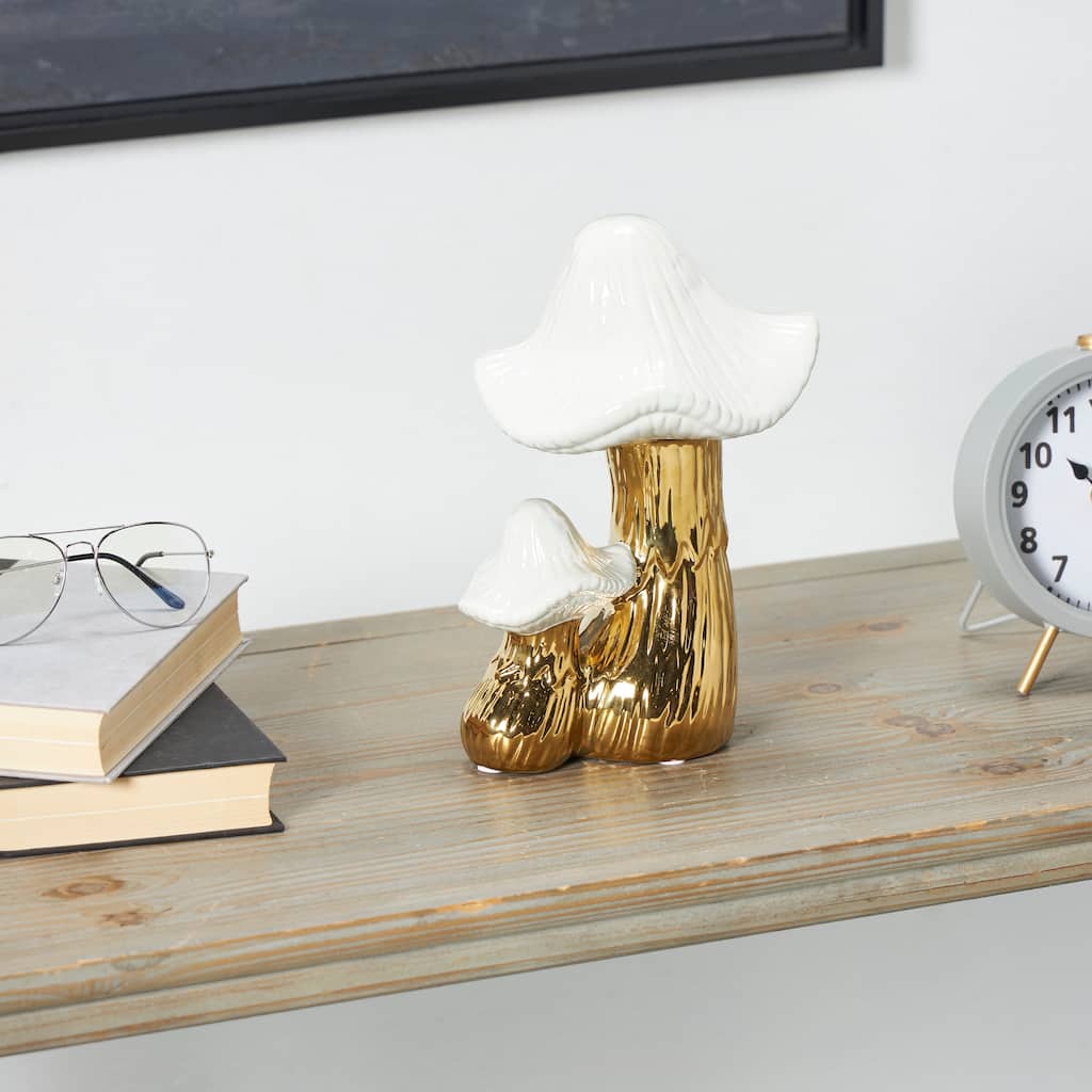 Gold or Silver Ceramic Mushroom Sculpture with White Tops and Textured Grooves