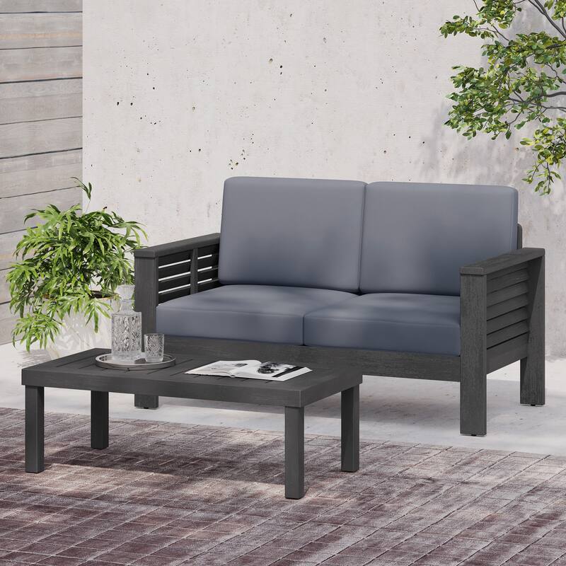 Teak Acacia Wood Loveseat and Coffee Table Set with Cushions