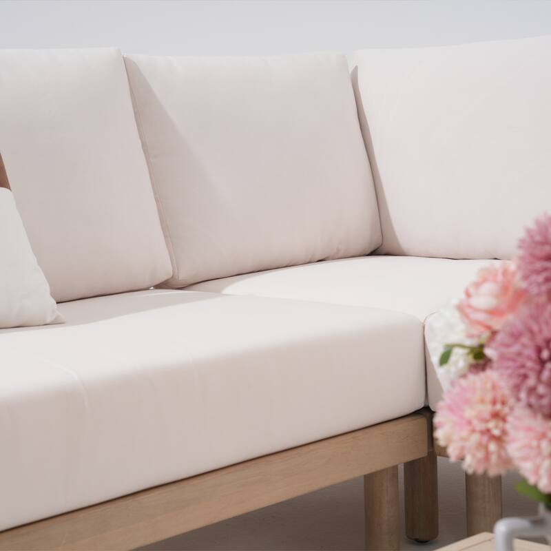 Outdoor 4-Piece Conversation Set Solid Eucalyptus Wood L-Shaped Sectional Sofa with Coffee Table