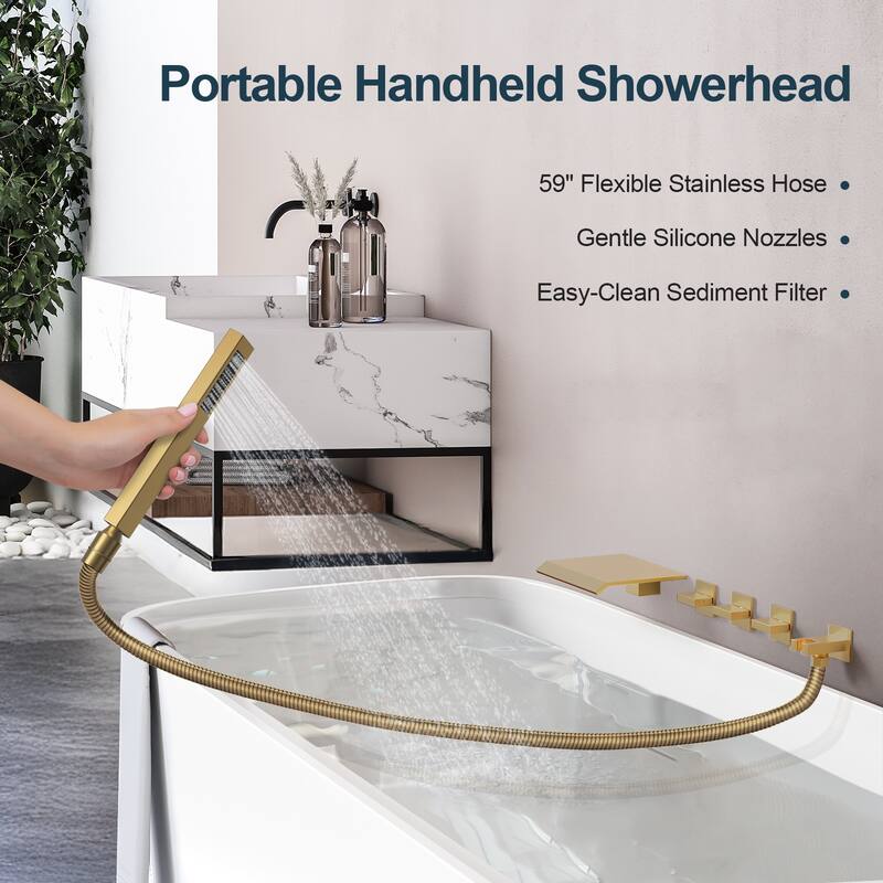 GRANDJOY Wall Mounted 3-Handle Tub Shower Faucet with Handheld Shower and Waterfall Tub Spout