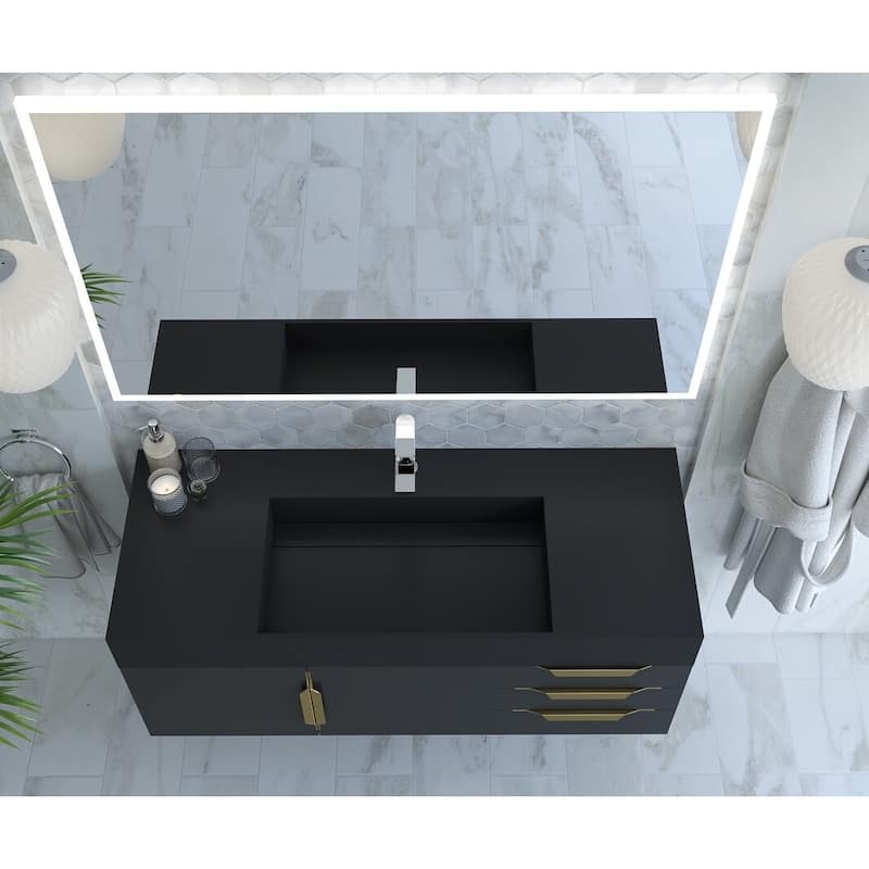 Amazon 48" Wall Mounted Bathroom Vanity Set w/ Black Top