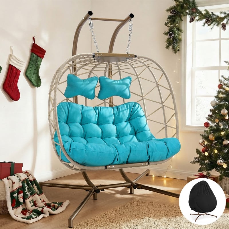 Oversized Outdoor Double Swing Egg Chair, 700 lbs Capacity 2-Person Hanging Egg Chair Swing with Cushion