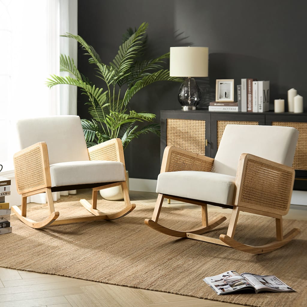 Venezia Upholstery Comfy Rocking Chair with Rattan Arms Set of 2