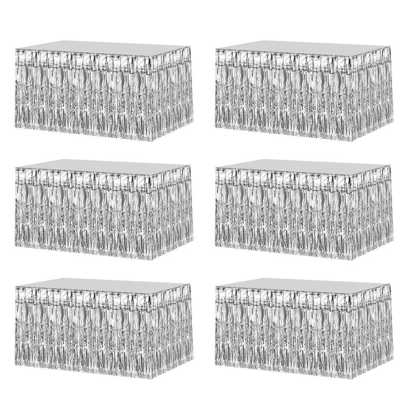 6 Pack 29x108 Inch Silver Metallic Foil Fringe Tinsel Table Skirts