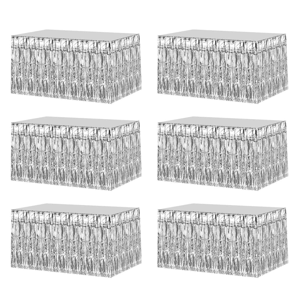 6 Pack 29x108 Inch Silver Metallic Foil Fringe Tinsel Table Skirts
