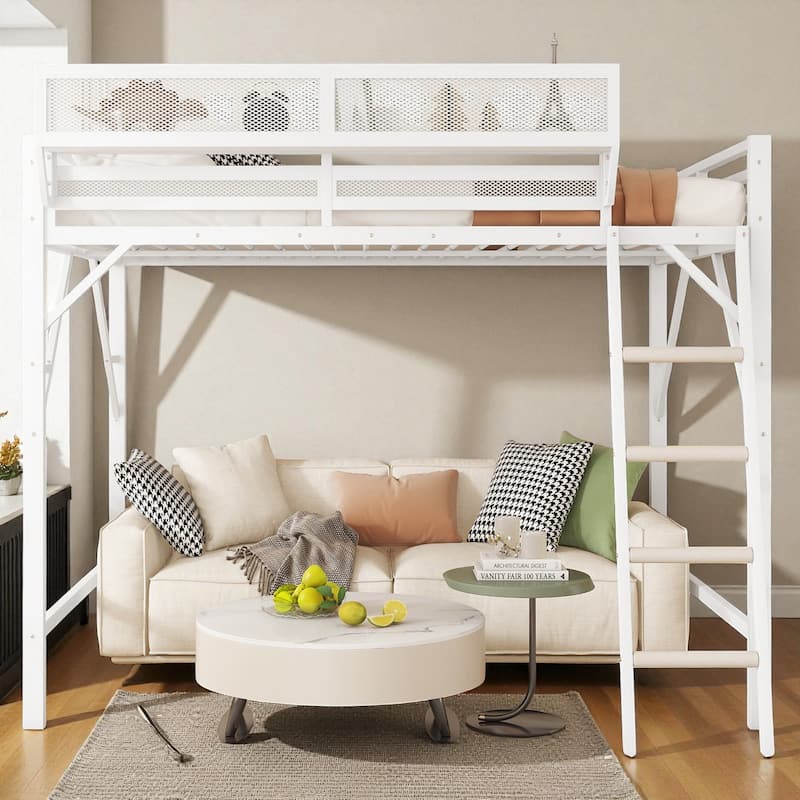 Full/Queen Size Metal Loft Bed with Storage Shelves, Guardrails, and Ladder, Space-Saving High Loft Bed for Kids and Teens - White - Full