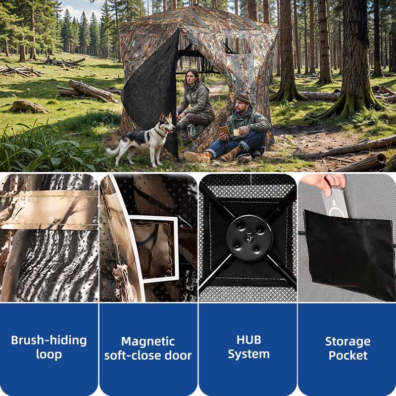 Moasis Hunting Blind 2-3 Person with Hunting Stool, 360 Degree See Through Pop up Ground Blinds for Hunting