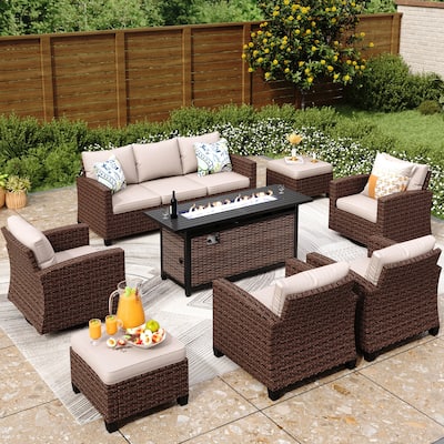 7/9-Seat Patio Furniture Wicker Rattan Outdoor High-back Sectional Sofa Conversation Set with Firepit Table