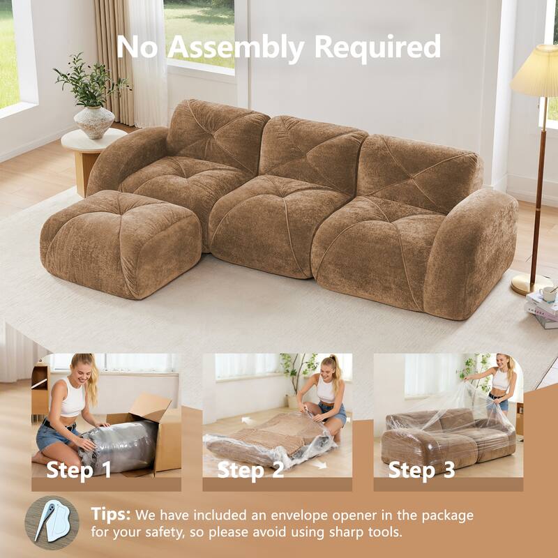 Rossetta 110'' 3-Seater L-Shaped Anti-Slip Design Retro Classic Color Velvet Tufted Modular Boneless Sofa with 1 Movable Ottoman