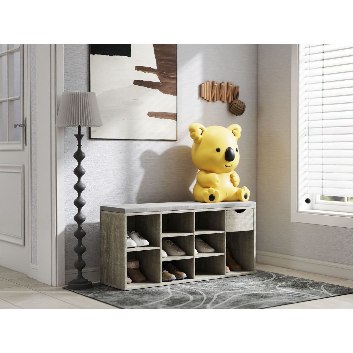 Shoe Bench, Entryway Bench with Padded Cushion, Drawer and Open Compartments, Bench with Storage, 3 Tier Shoe Rack Bench