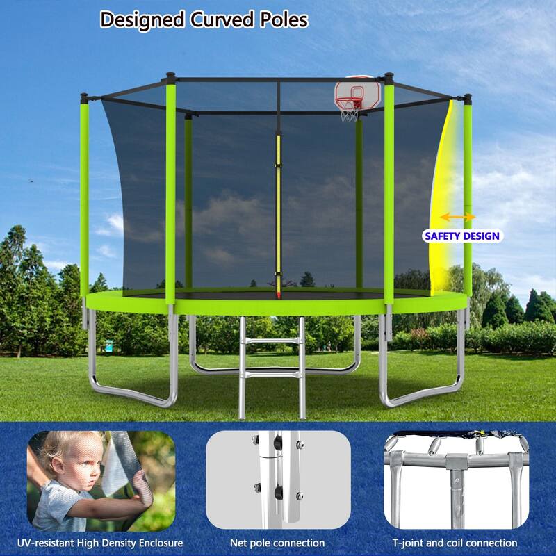Outdoor Kids Trampoline with Basketball Hoop and Ladder, with Safety Enclosure for Backyard Fun