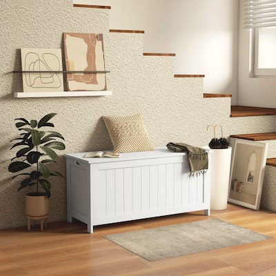 HOMCOM Storage Chest, Wooden Box with 2 Safety Hinges and Cut-out Handles, Modern Storage Trunk for Living Room, Entryway